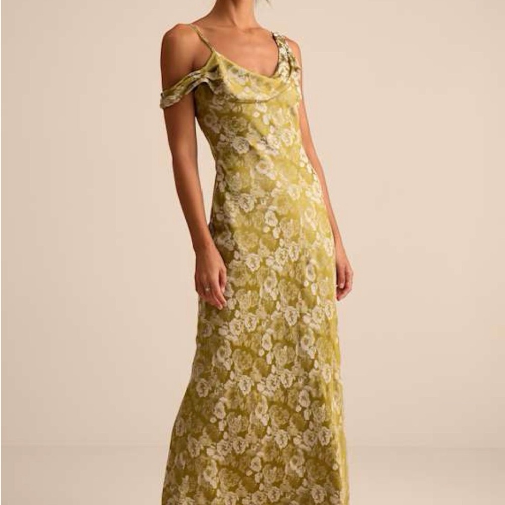 Lulus Cavani Chartreuse Floral Satin Asymmetrical Maxi Dress